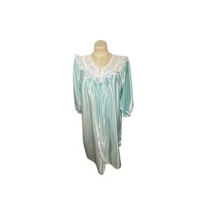 Vtg Sears Cachet L Green Nightgown Ruffled Lace Embroidered Modest Cottage Core